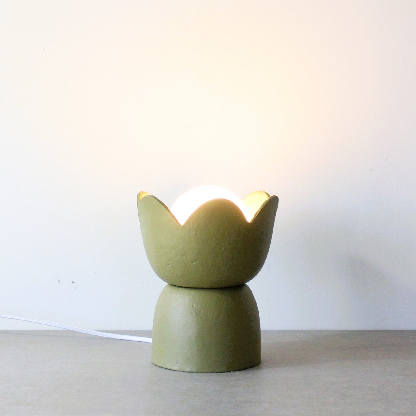 Tulip paper clay table lamp in olive green colour