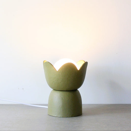Tulip paper clay table lamp in olive green colour