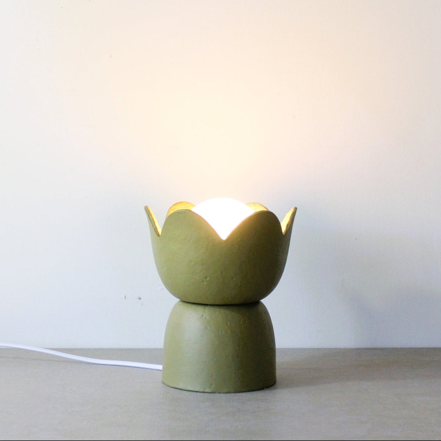 Tulip paper clay table lamp in olive green colour