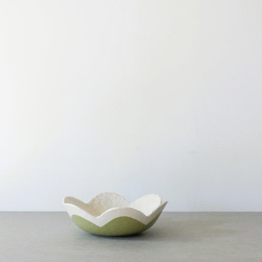 scalloped paper clay dish in oatmeal and olive 2ocm diameter 6cm high