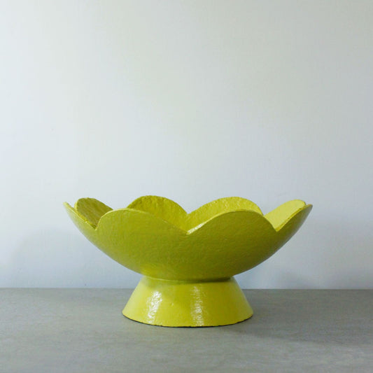 scalloped pedestal paper clay bowl in chartreuse 33cm diameter 14cm high