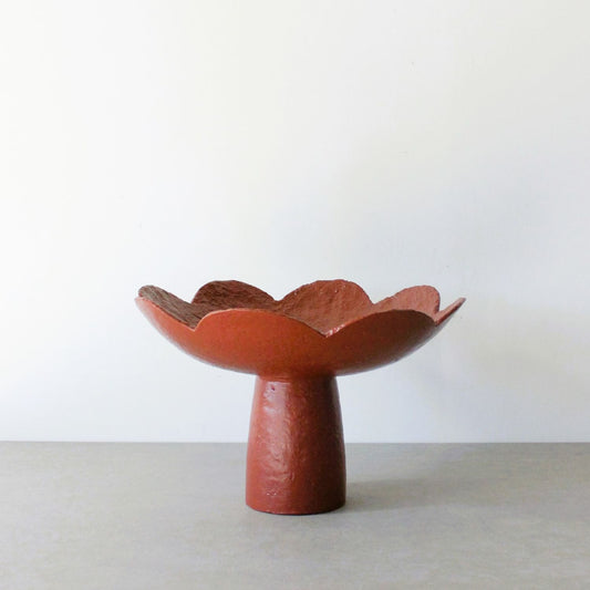 scalloped pedestal paper clay bowl in red earth 28cm diameter 18cm high