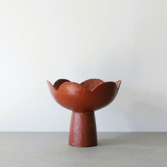 scalloped paper clay pedestal bowl tall in red earth 22cm diameter 19cm high